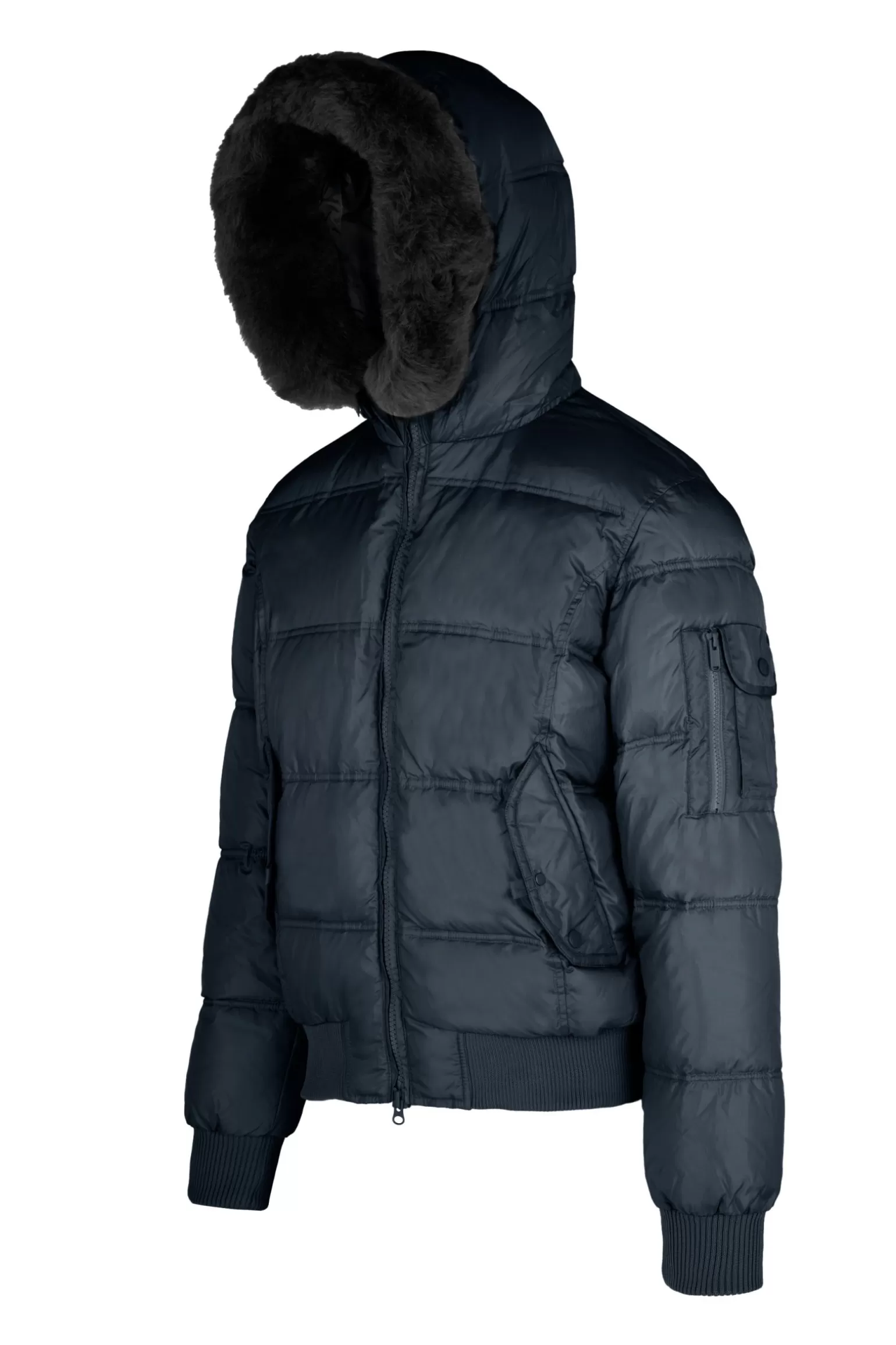 Uomo Bomboogie Bomber Imbottito In Piuma Con Bordo Cappuccio In Vera Pelliccia Nera