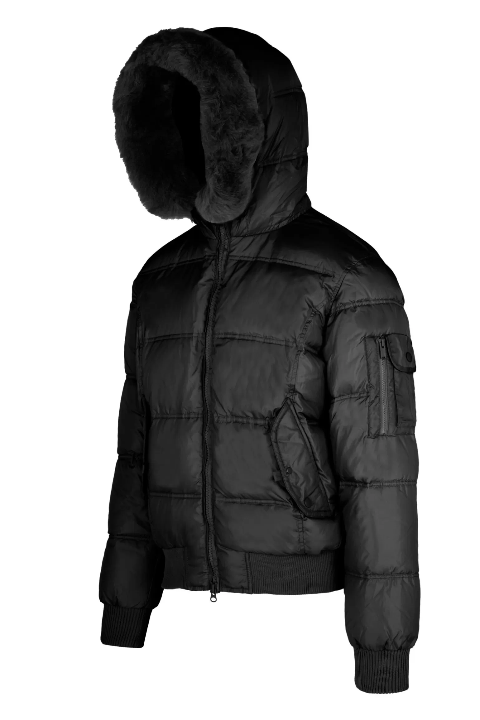 Uomo Bomboogie Bomber Imbottito In Piuma Con Bordo Cappuccio In Vera Pelliccia Nera