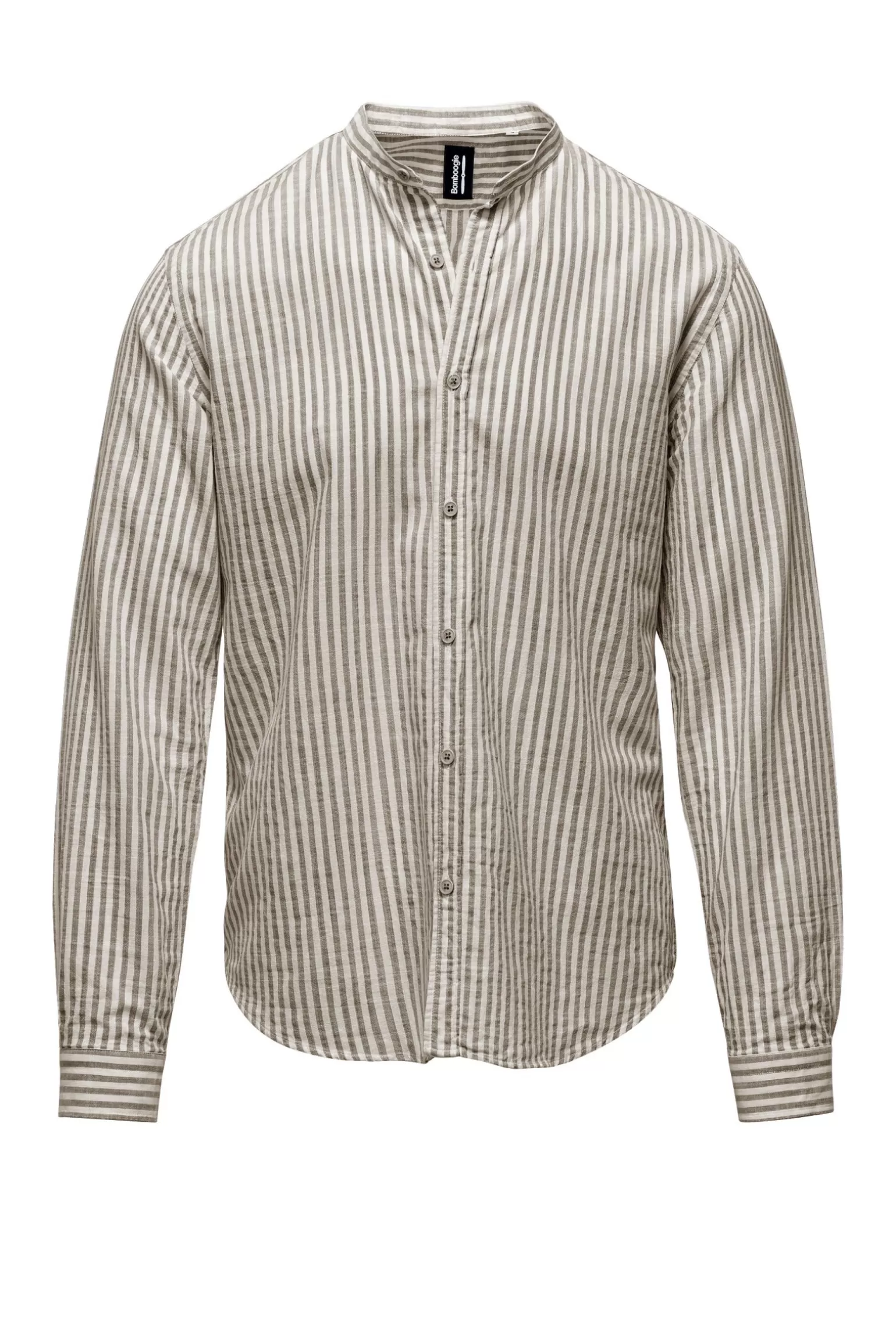 Uomo Bomboogie Camicia In Lino/Cotone A Righe Con Collo Alla Coreana