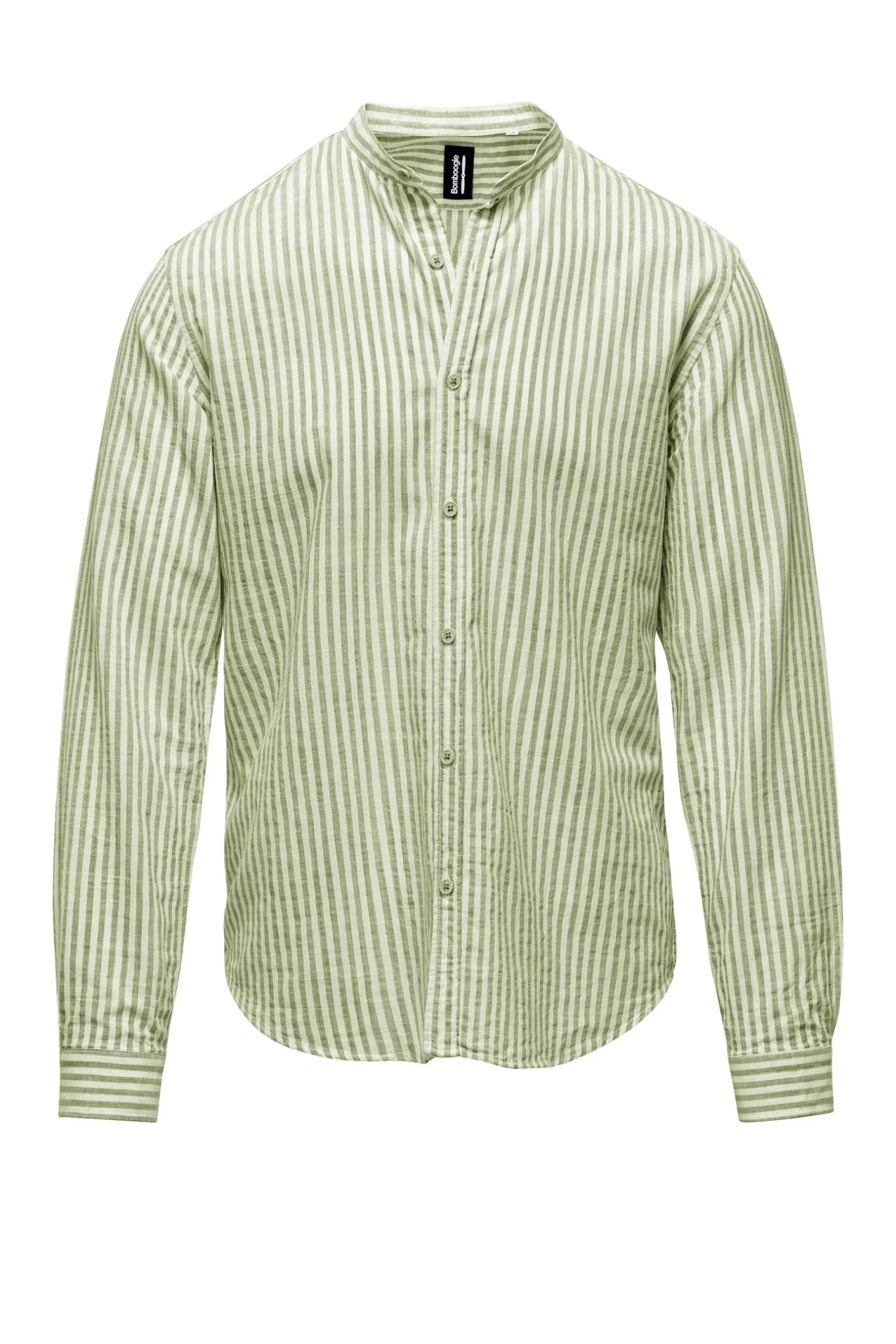 Uomo Bomboogie Camicia In Lino/Cotone A Righe Con Collo Alla Coreana