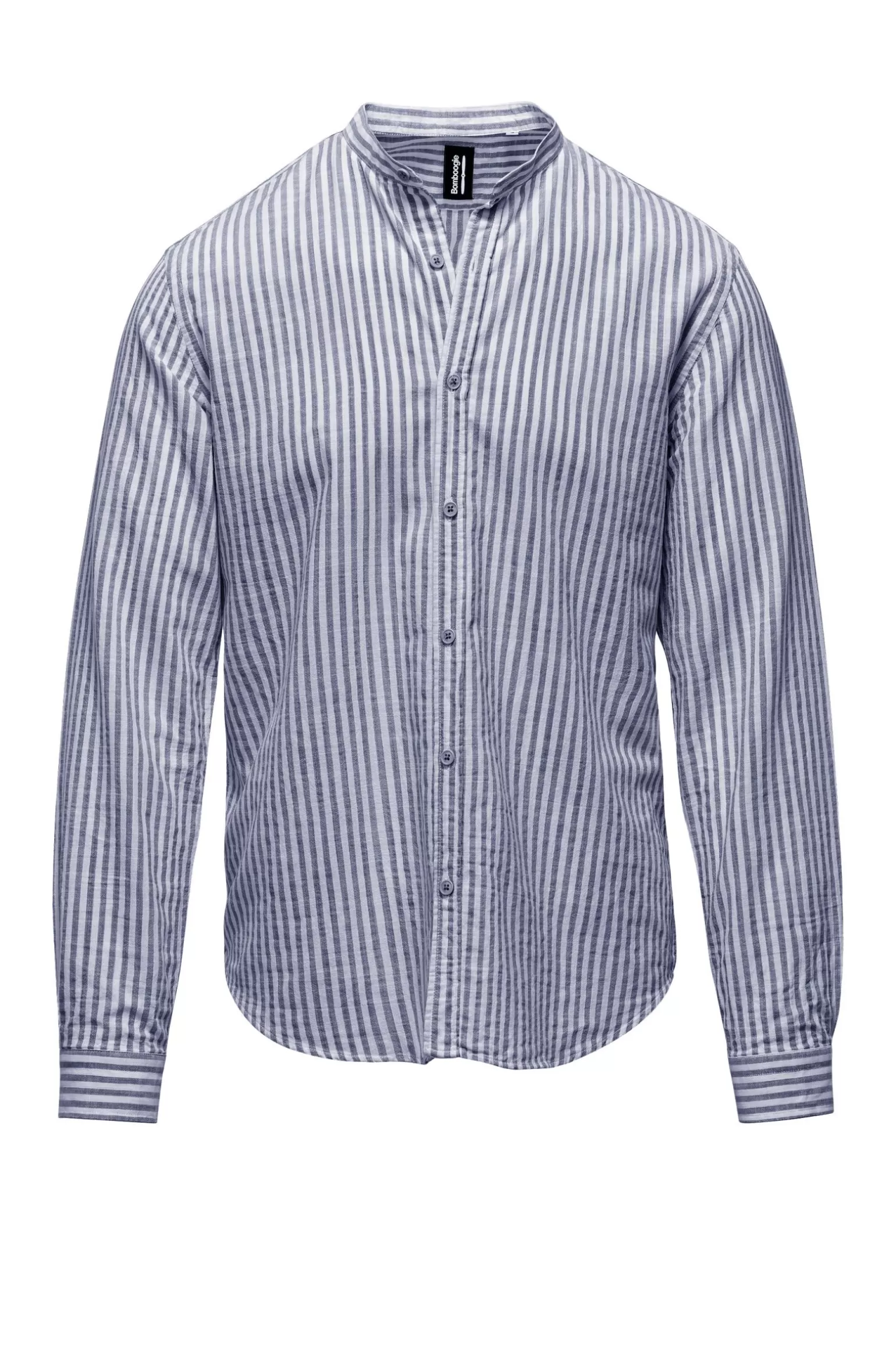 Uomo Bomboogie Camicia In Lino/Cotone A Righe Con Collo Alla Coreana